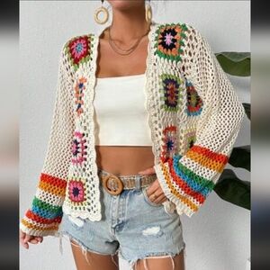 Boho Crochet Knit Patchwork Bell Sleeve Cardigan  Sz Large
